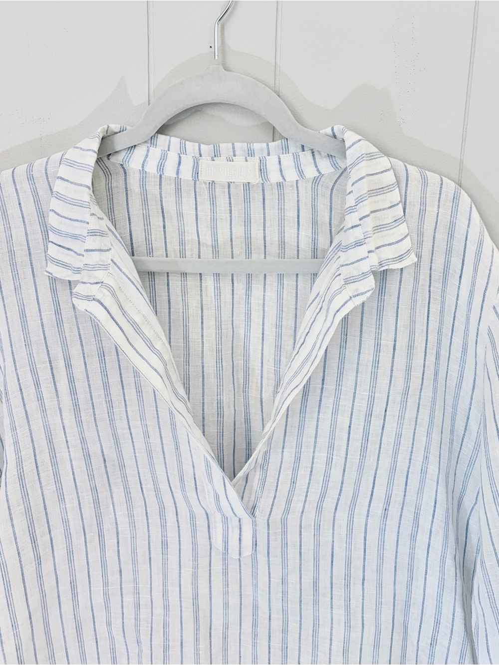 CP Shades White Blue Striped Split-Neck Tunic Top 100% Linen Beach Oversized M - Picture 3 of 11